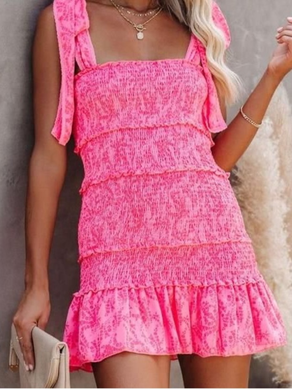 Vici Hot Pink Smocked Ruffle Mini Dress